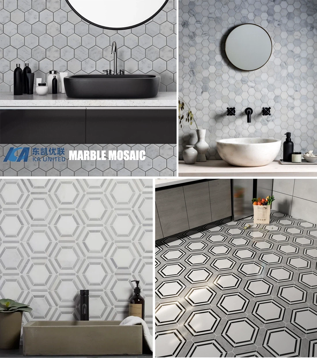 White Marble Hexagon Mosaic Floor and Wall Projects | KA UNITED